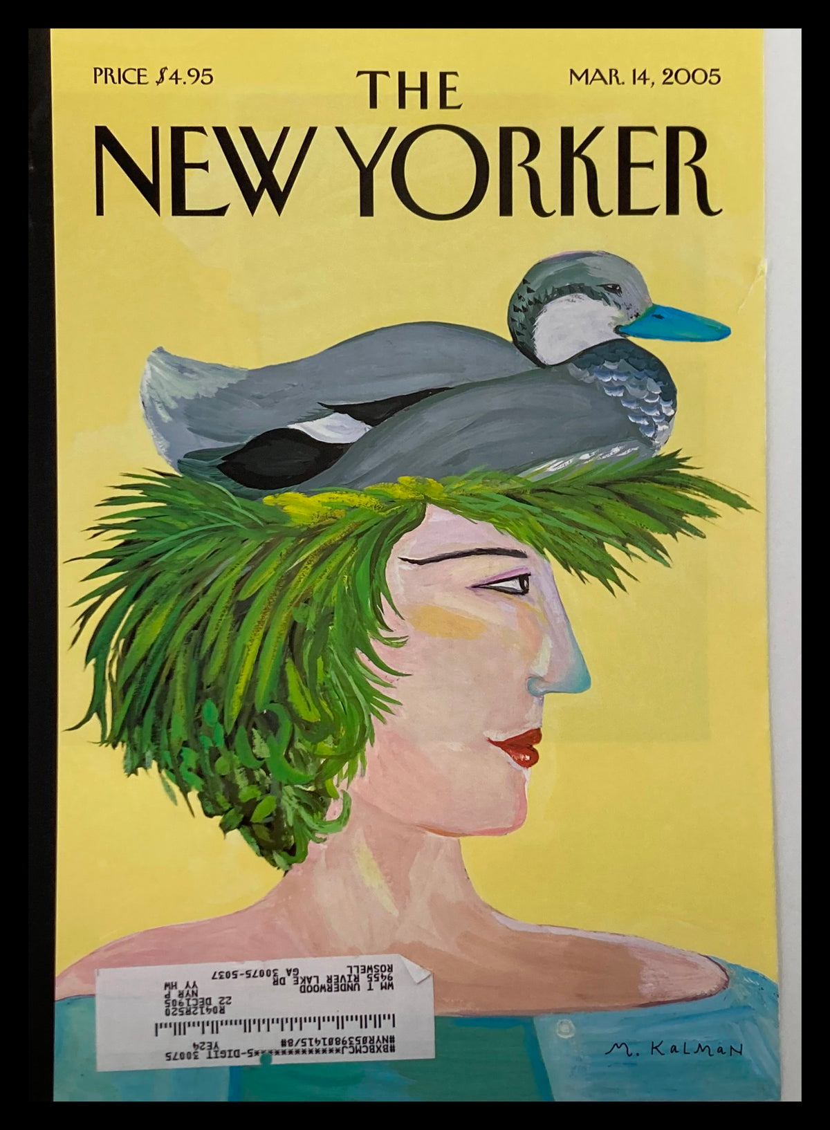 The New Yorker March 14 2005 Duck Head by Maira Kalman, featuring a colorful illustration of a woman with a duck on her head, perfect for art collectors.