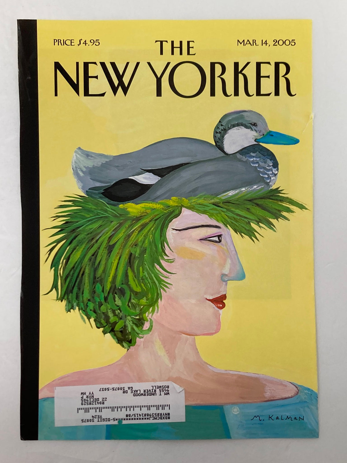 The New Yorker March 14 2005 Duck Head by Maira Kalman, showcasing a whimsical cover with a woman and a duck, an iconic piece of magazine art.
