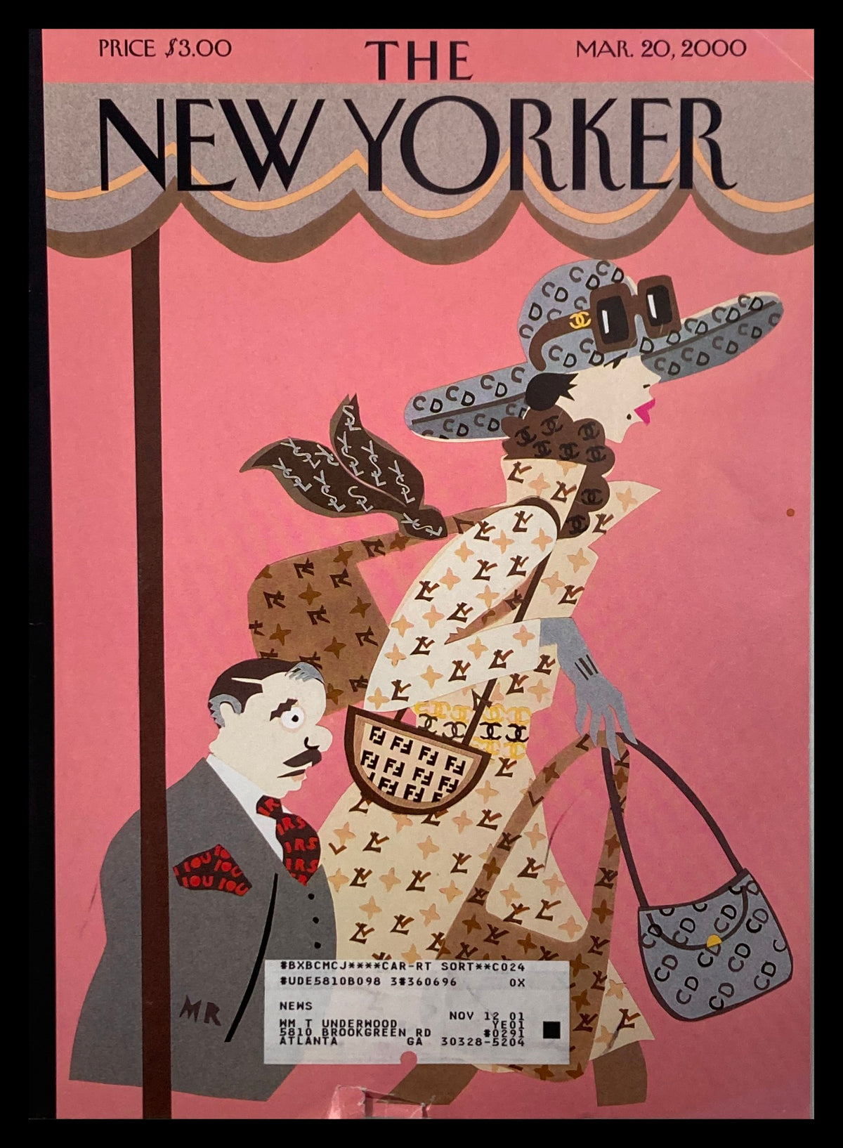 The New Yorker, March 20, 2000, cover featuring 'Front Row Notes' by M. Roberts, showcasing a fashionable woman in a pink background along with a man in a suit, highlighting unique illustration style.
