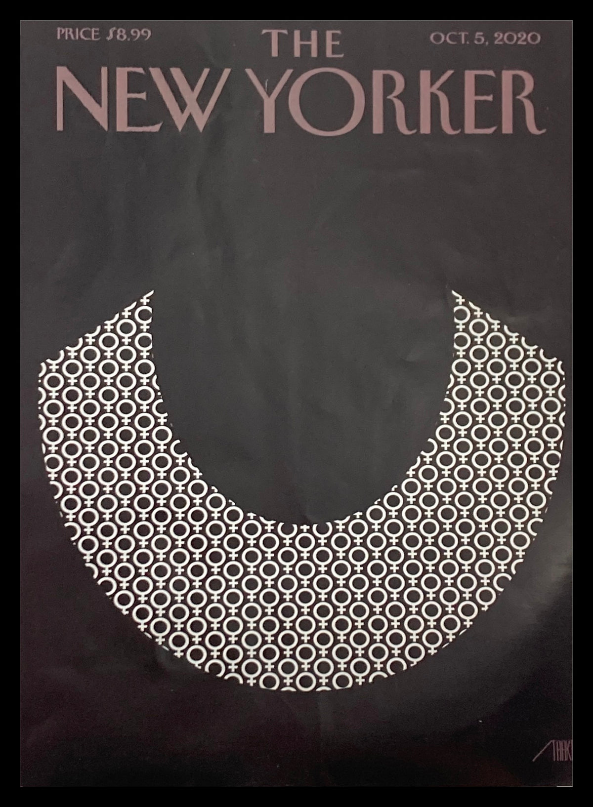 COVER ONLY The New Yorker October 5 2020 Icons by Bob Staake featuring a striking black background with a unique circular pattern in white, showcasing contemporary design and artistic flair.