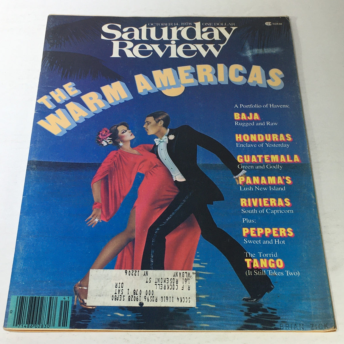 Vintage Saturday Review magazine cover from October 14, 1978, titled 'The Warm Americas', featuring a couple in formal attire on the beach with a vibrant blue background.