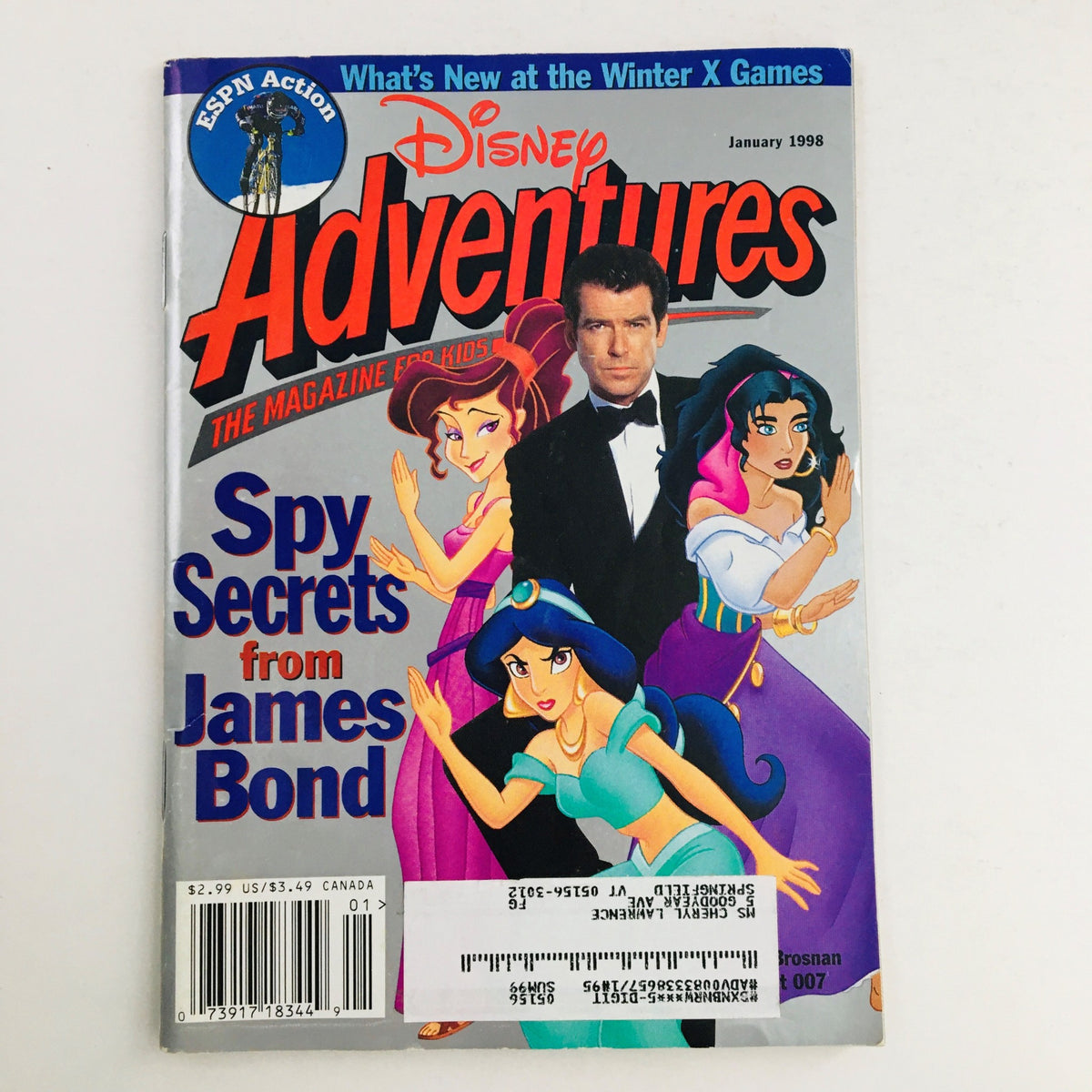 Cover of Disney Adventures Magazine, January 1998 featuring Pierce Brosnan as Agent 007 James Bond surrounded by Disney princess characters, showcasing a blend of spy culture and children's entertainment.