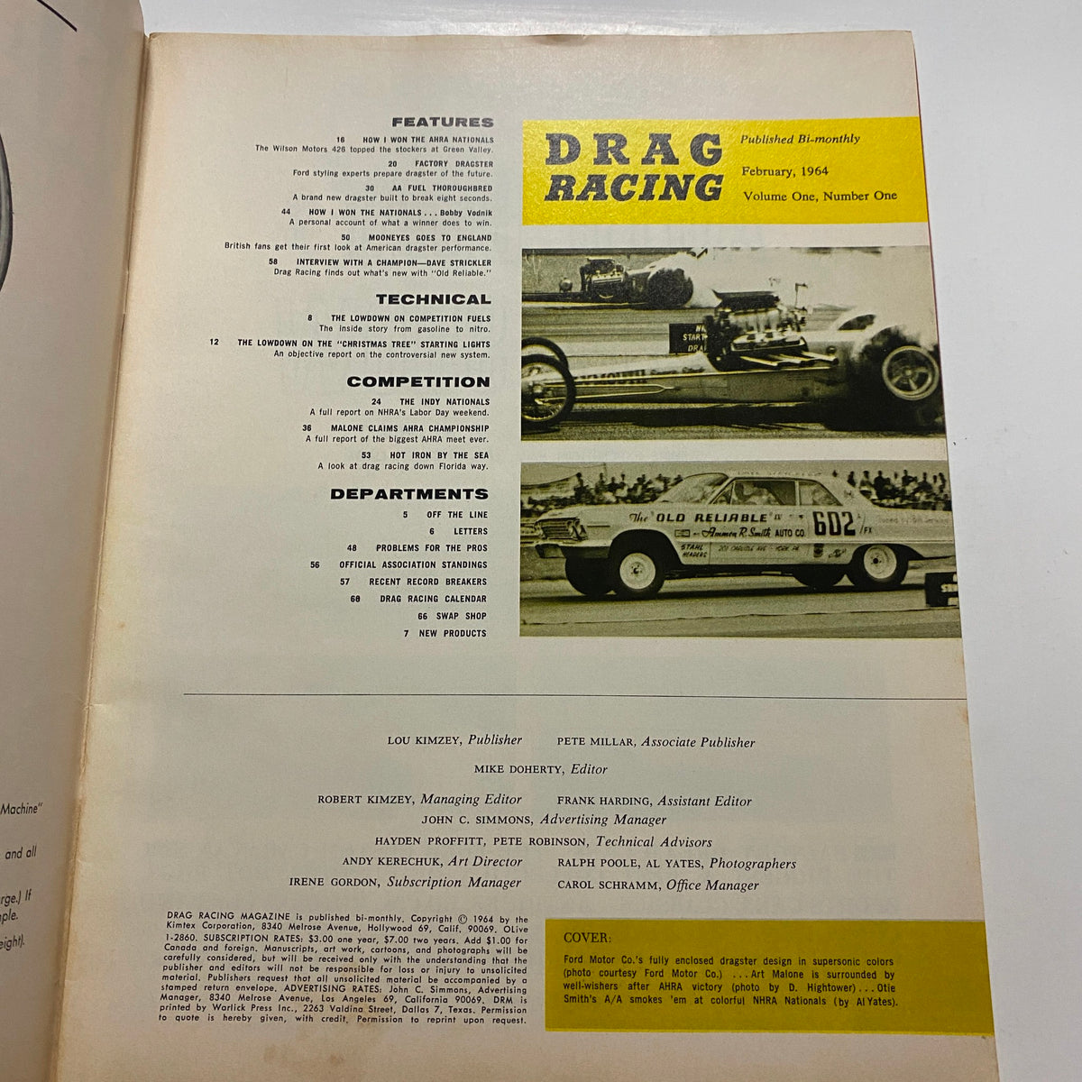 Interior page of VTG Drag Racing Magazine February 1964 featuring the table of contents, with highlights on features, technical articles, and competition reports, capturing the essence of drag racing culture.