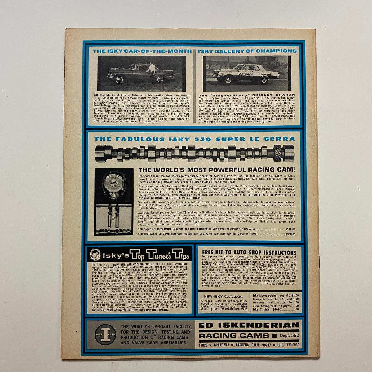 Back cover of VTG Drag Racing Magazine May 1966 featuring advertisements and details about racing products and tips for enthusiasts.