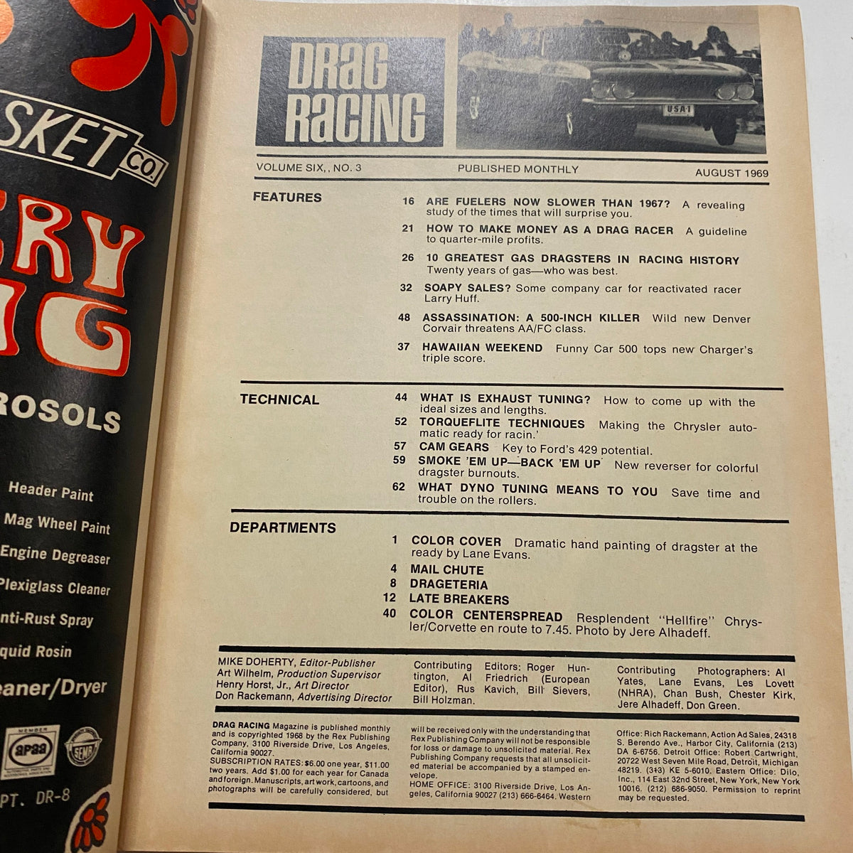 Interior page of VTG Drag Racing Magazine August 1969 displaying the table of contents, highlighting featured articles and technical sections.
