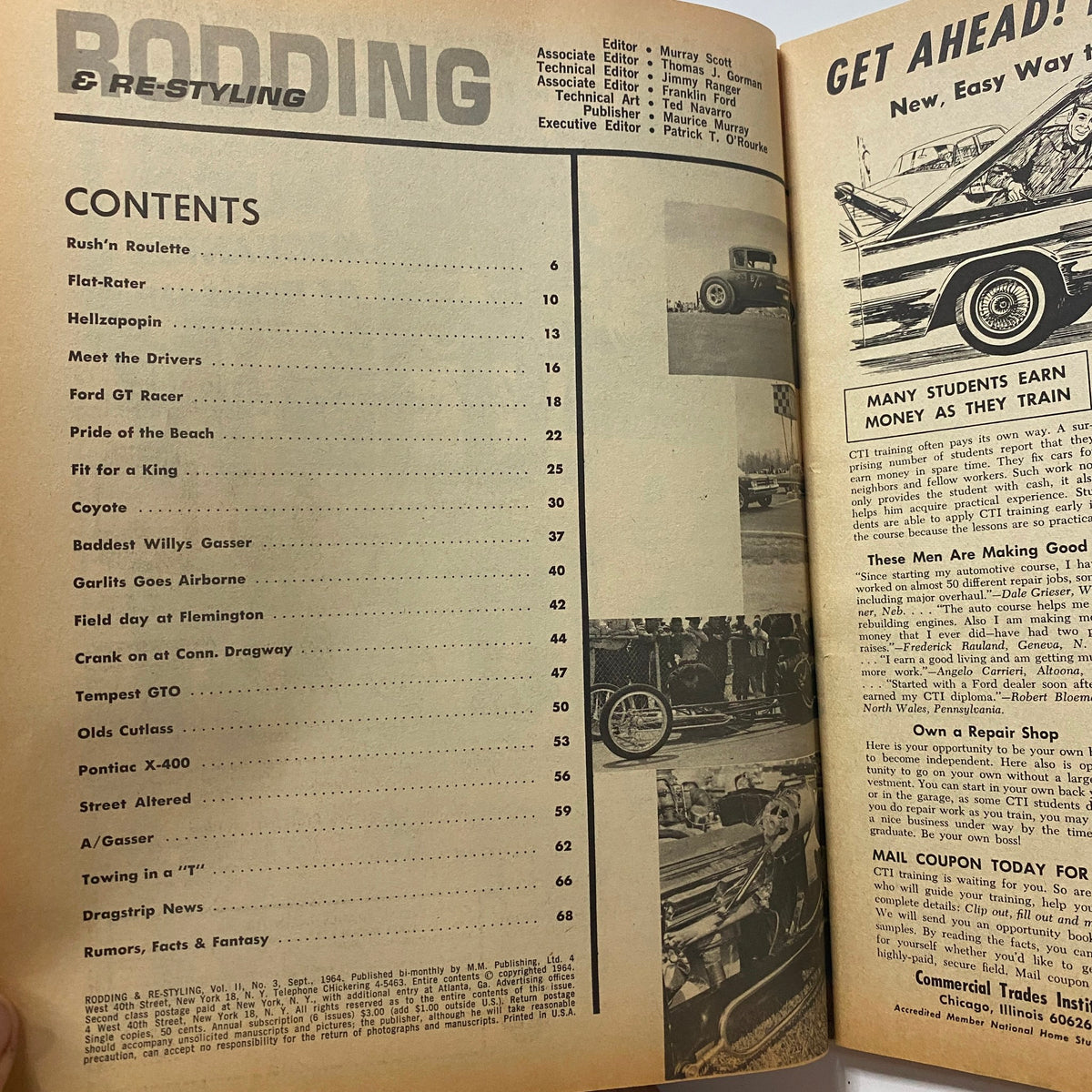 Inside page of Rodding & Re-Styling Magazine September 1964 featuring the table of contents, highlighting articles about custom rods and automotive design.