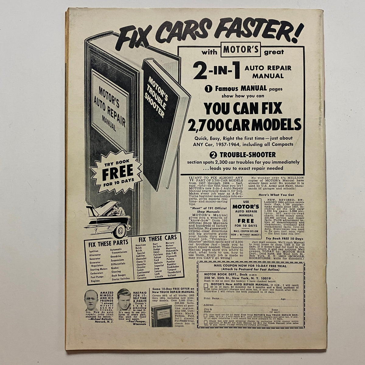 Back cover advertisement of Rodding & Re-Styling Magazine September 1964 promoting Motor's 2-in-1 Auto Repair Manual for fixing cars faster.