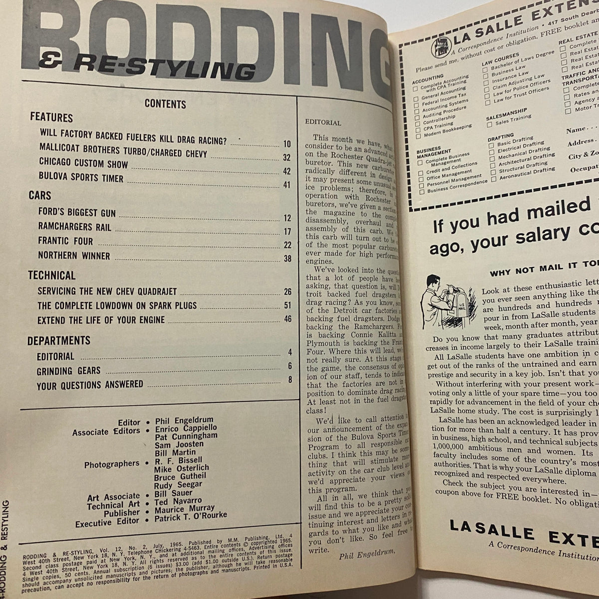 Interior page of Rodding & Re-Styling Magazine July 1965 displaying the table of contents with sections focused on automotive features and technical articles.