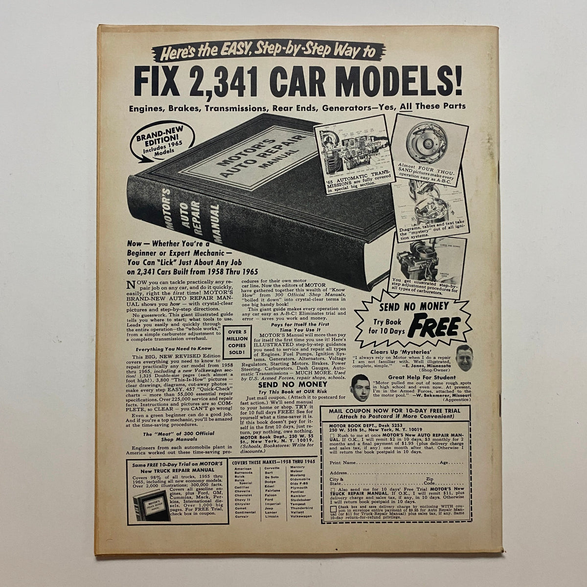 Back cover of Rodding & Re-Styling Magazine March 1965 promoting the Motor's Auto Repair Manual, with ads for automotive services and features.