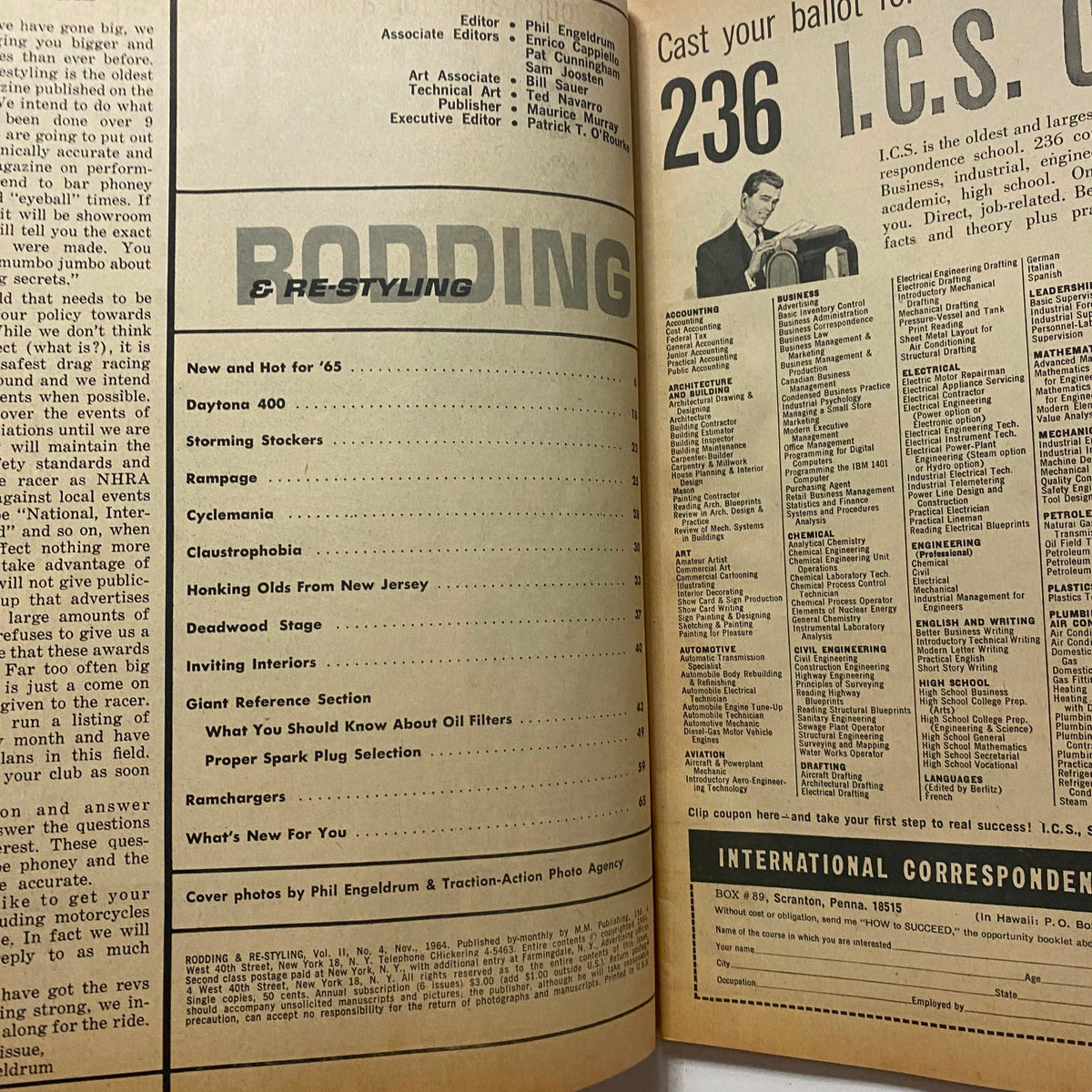 Interior page of Rodding & Re-Styling Magazine November 1964 showcasing article listings including 'New and Hot for 65' and 'Proper Spark Plug Selection'.