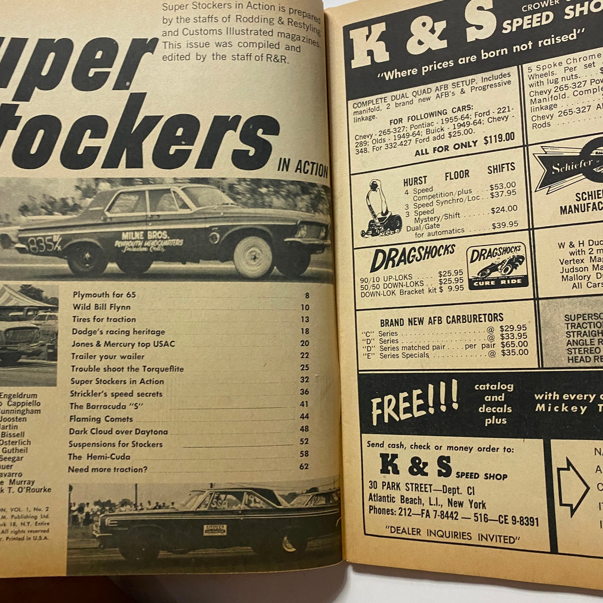 Interior page of Super Stockers in Action Magazine April 1965 displaying articles and advertisements related to automotive racing and performance enhancements.