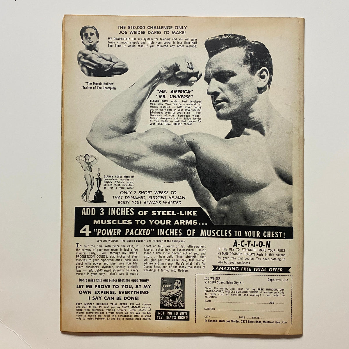 Back cover of Super Stockers in Action Magazine April 1965 featuring an advertisement for fitness training by Joe Weider, promoting muscle building and health.