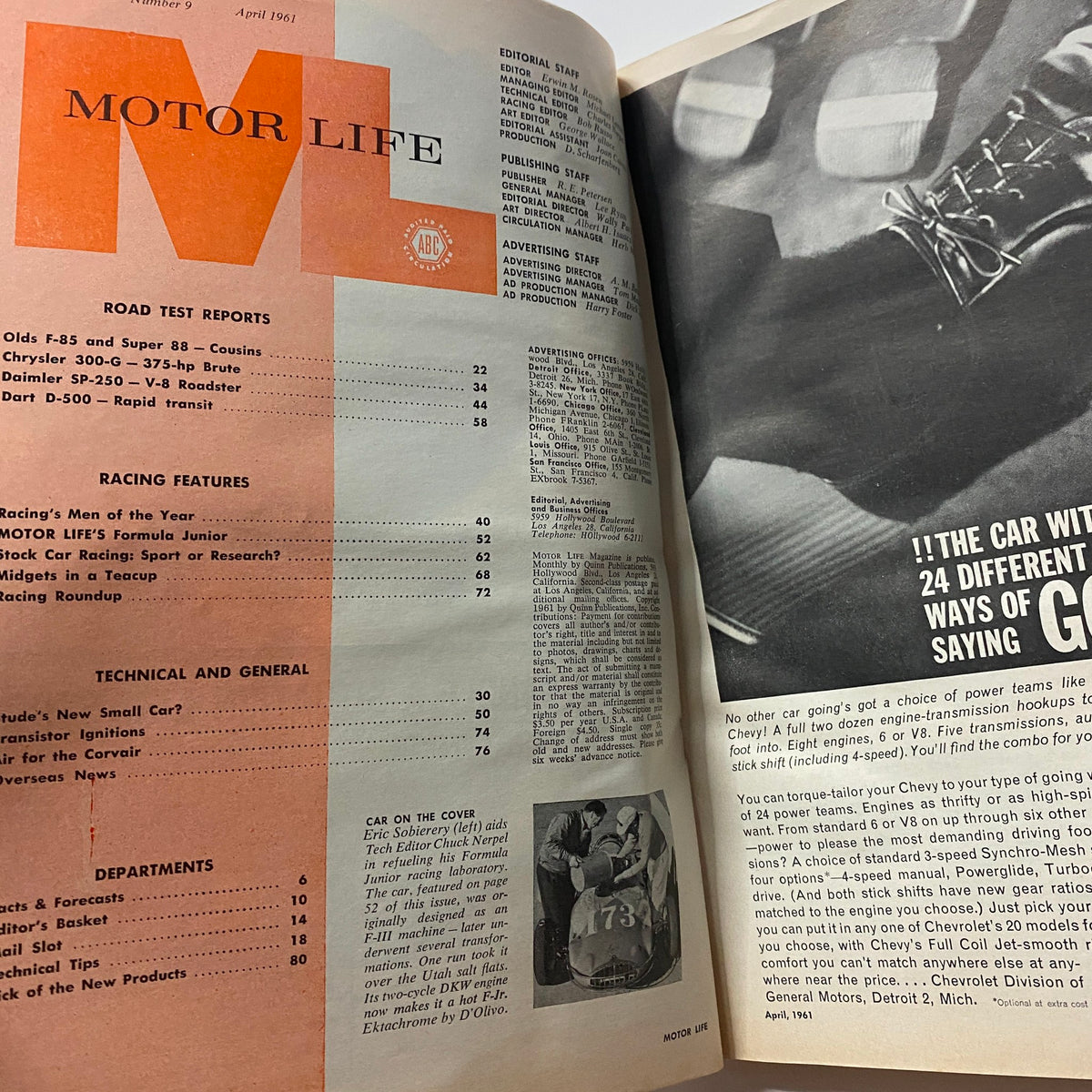 Inside page of VTG Motor Life Magazine April 1961 displaying the table of contents and editorial staff information, including features on Formula Junior racing.