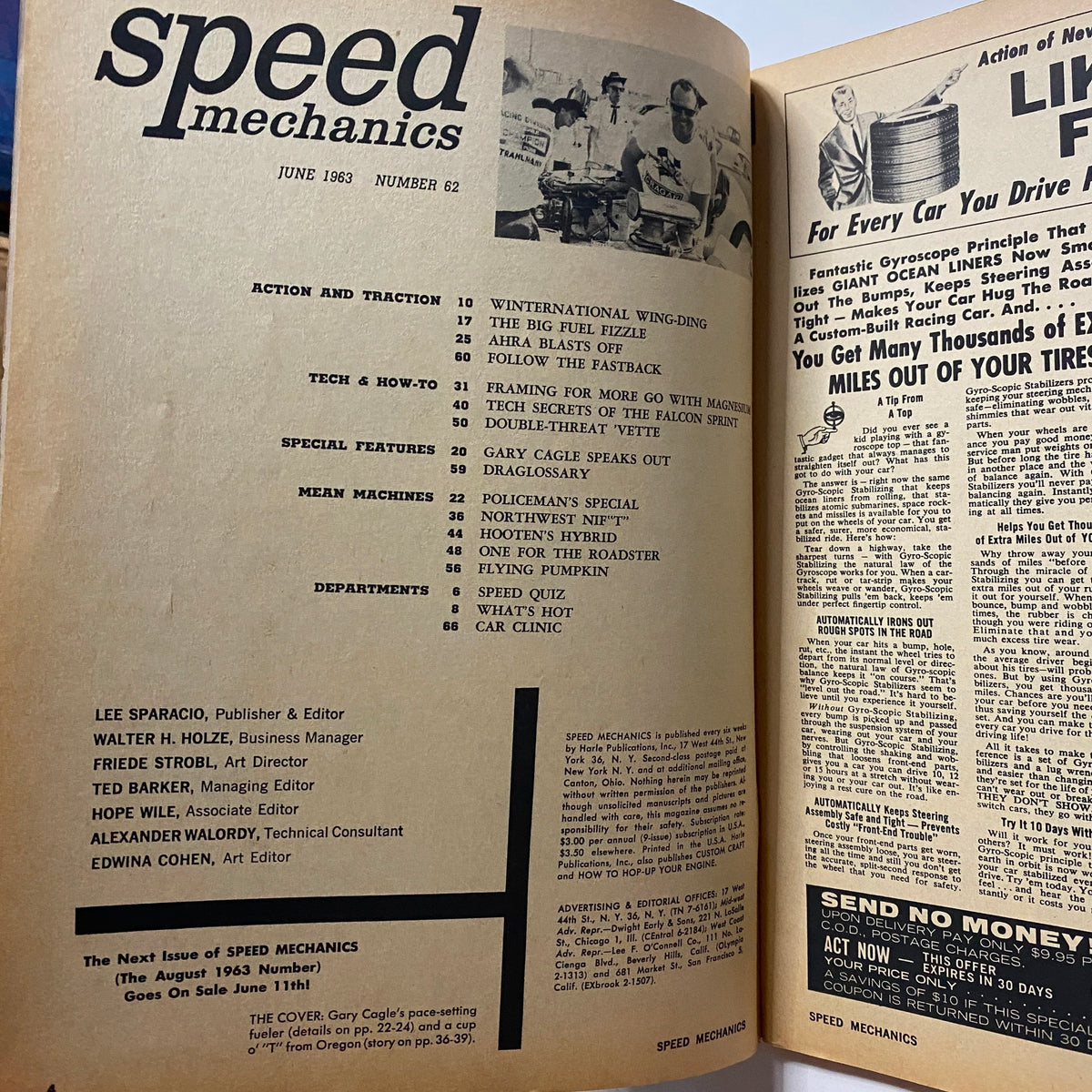 Interior page of VTG Speed Mechanics Magazine June 1963 displaying the table of contents and notable features such as 'Framing for More Go with Magnesium' and articles related to automotive technology.