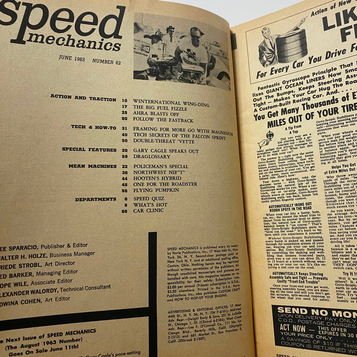 Inside view of VTG Speed Mechanics Magazine from June 1963, showcasing articles about automotive topics including 'The Big Fuel Fizzle' and featuring the magazine's table of contents.