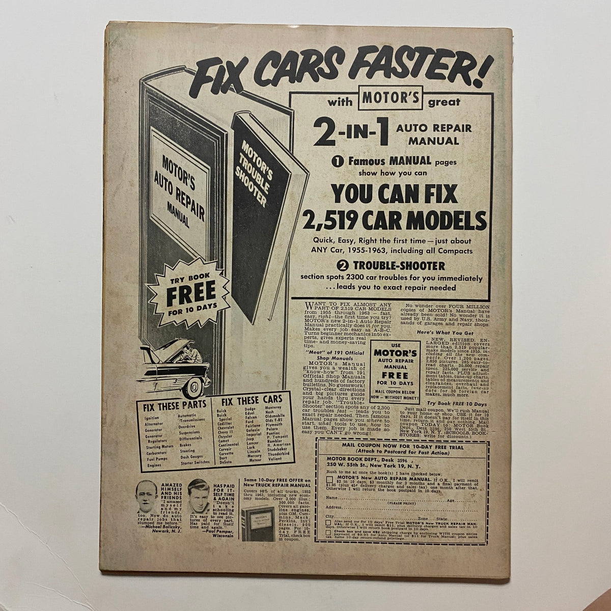 Back cover of VTG Speed Mechanics Magazine June 1963, advertising Motor's 2-in-1 Auto Repair Manual with information on fixing 2,519 car models and a free trial offer.