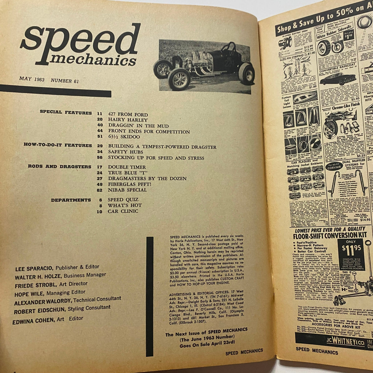Interior page of VTG Speed Mechanics Magazine May 1963 displaying article listings and features including how-to guides on building a Tempest-powered dragster.