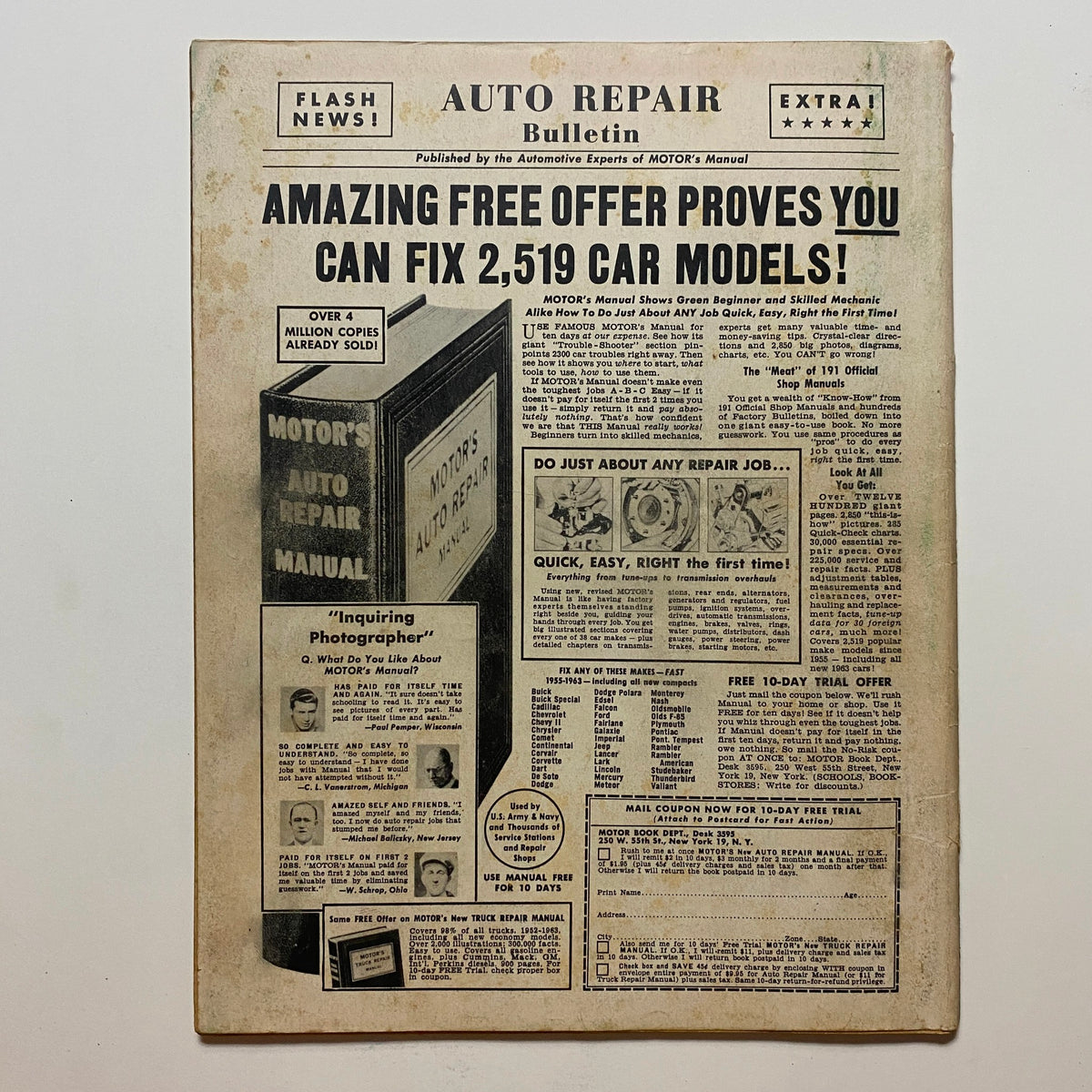 VTG Speed Mechanics Magazine May 1963 featuring Auto Repair Bulletin with a focus on free offers and car models