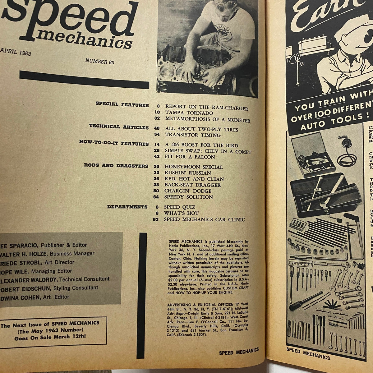 Interior page of VTG Speed Mechanics Magazine April 1963, featuring articles on automotive mechanics and drag racing culture.