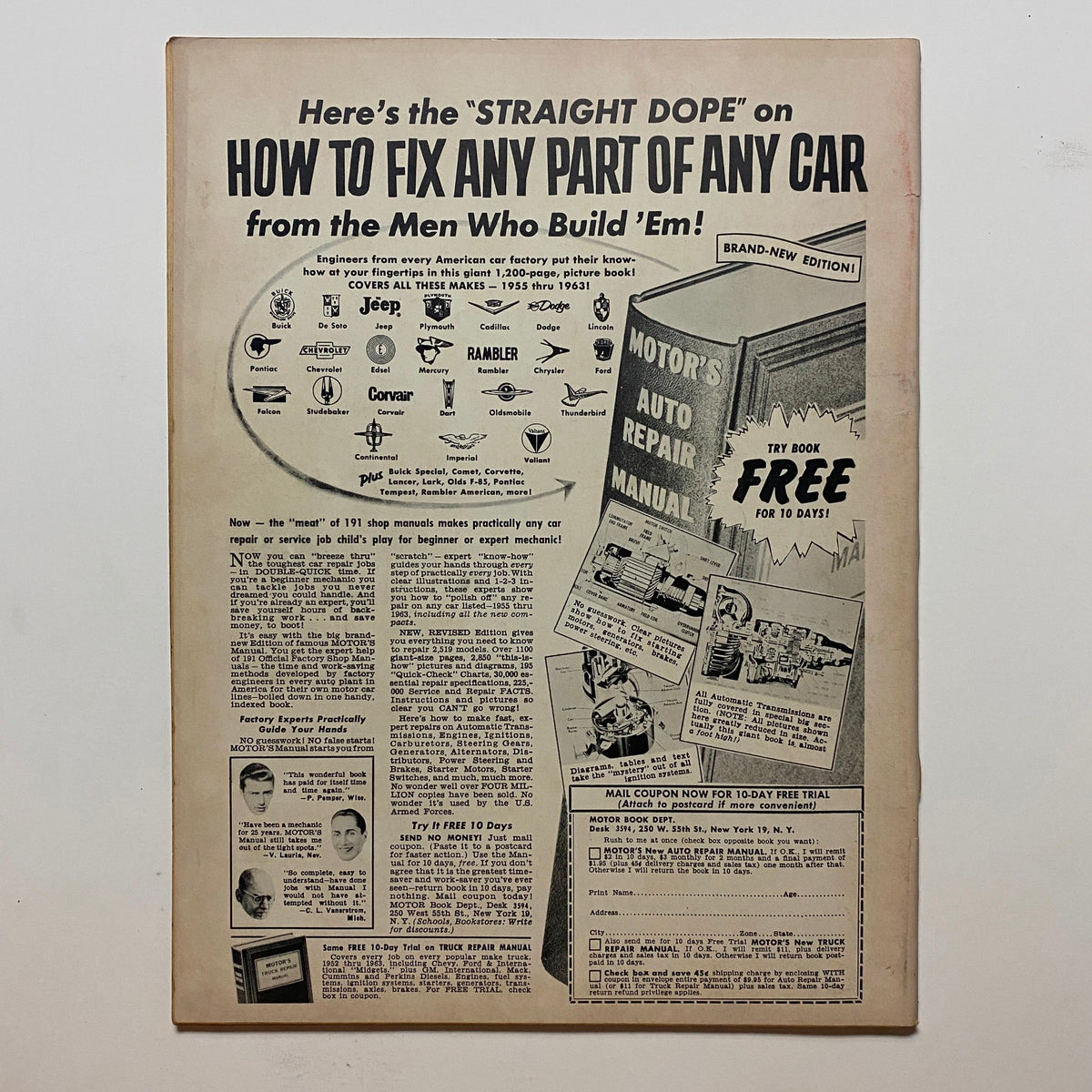 Back cover of VTG Speed Mechanics Magazine April 1963, showcasing a promotional advertisement for the Motor's Auto Repair Manual.