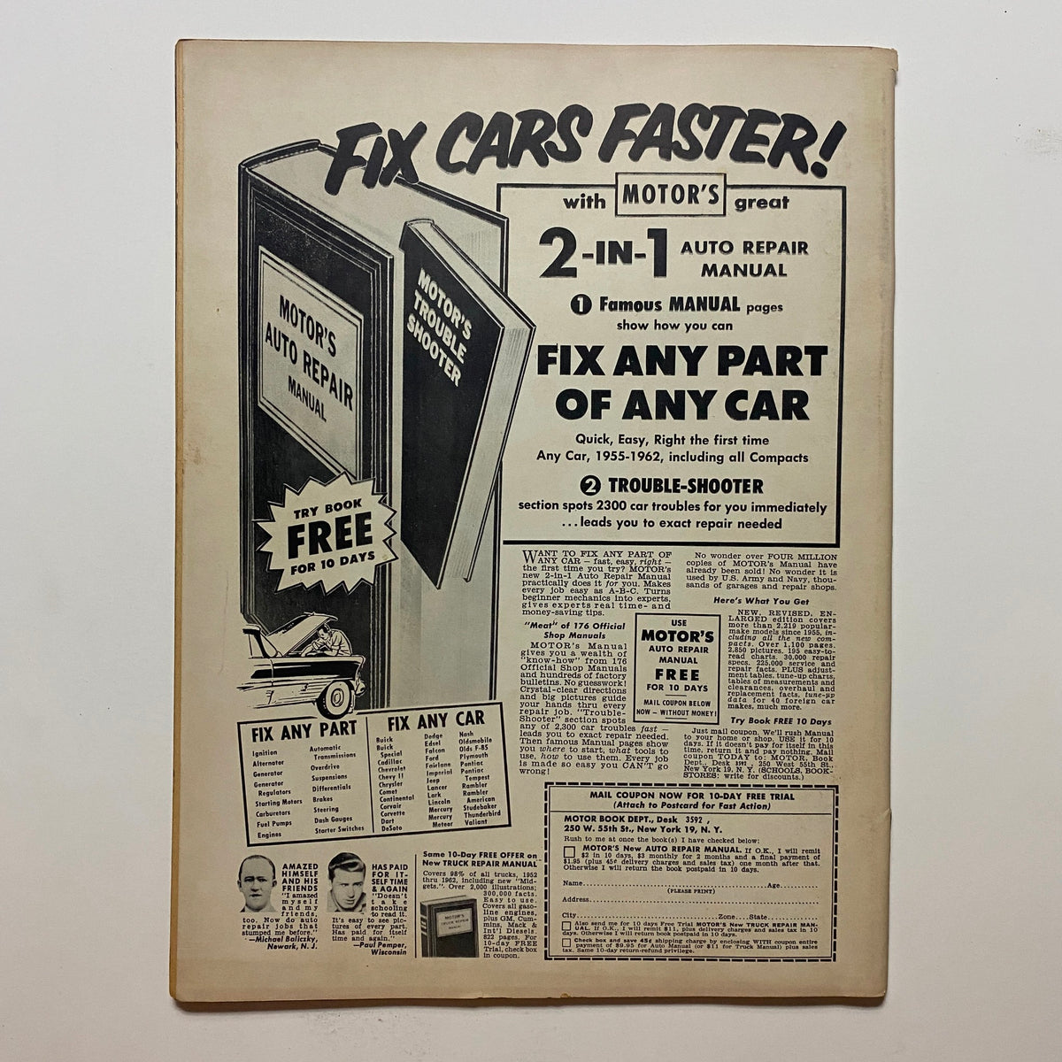 Back cover of VTG Speed Mechanics Magazine February 1963, advertising a 2-in-1 auto repair manual, reinforcing the magazine's automotive theme.