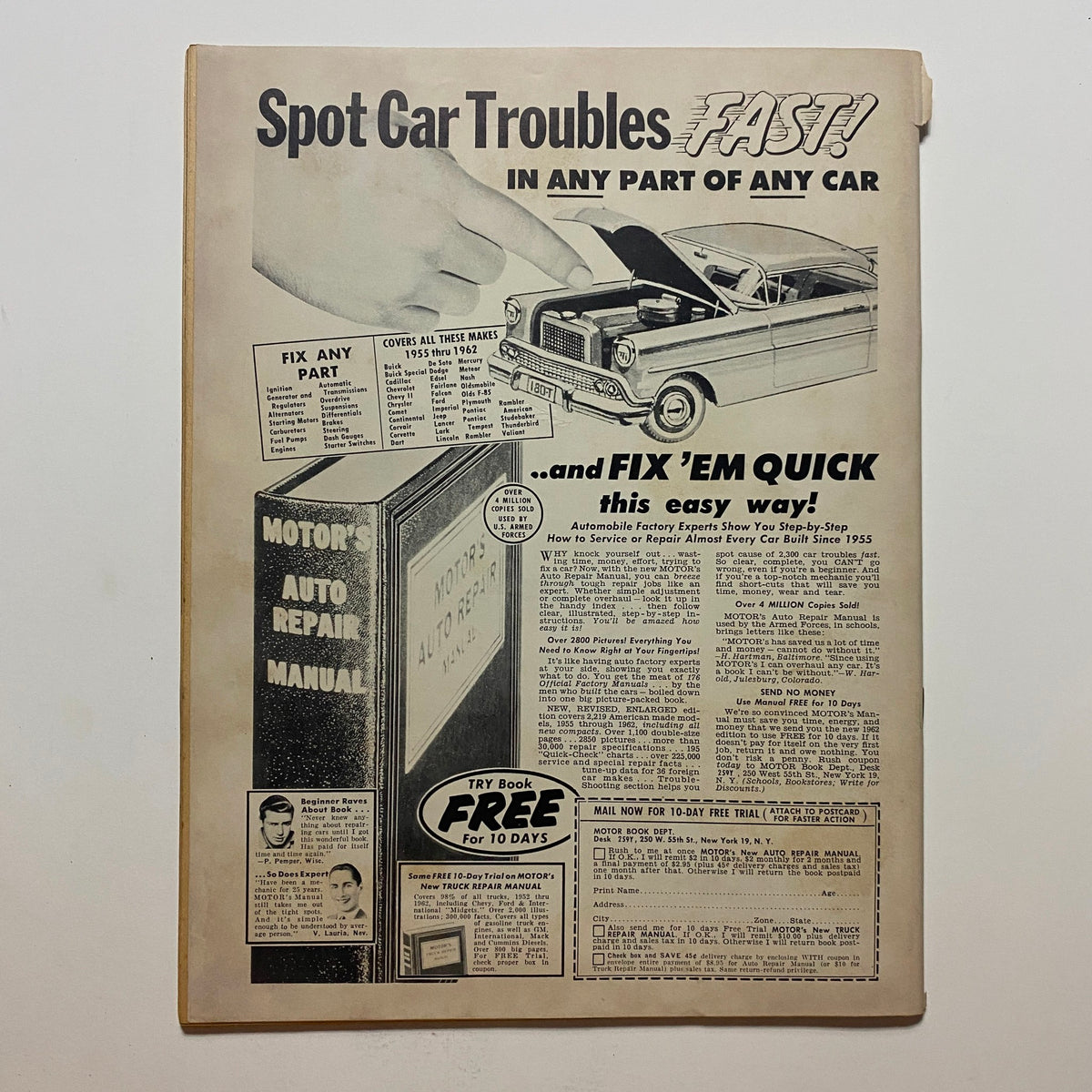 VTG Speed Mechanics Magazine December 1962 back cover showcasing an advertisement for 'Motor's Auto Repair Manual' emphasizing quick car troubleshooting and repair tips.