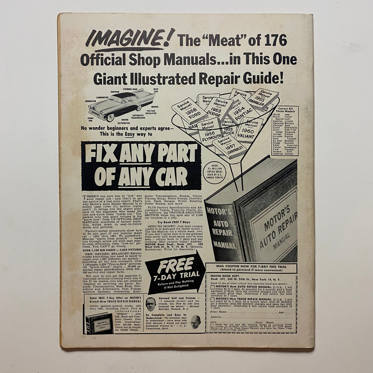 Back page of VTG Speed Mechanics Magazine December 1961, advertising a giant illustrated repair guide for fixing any part of a car.
