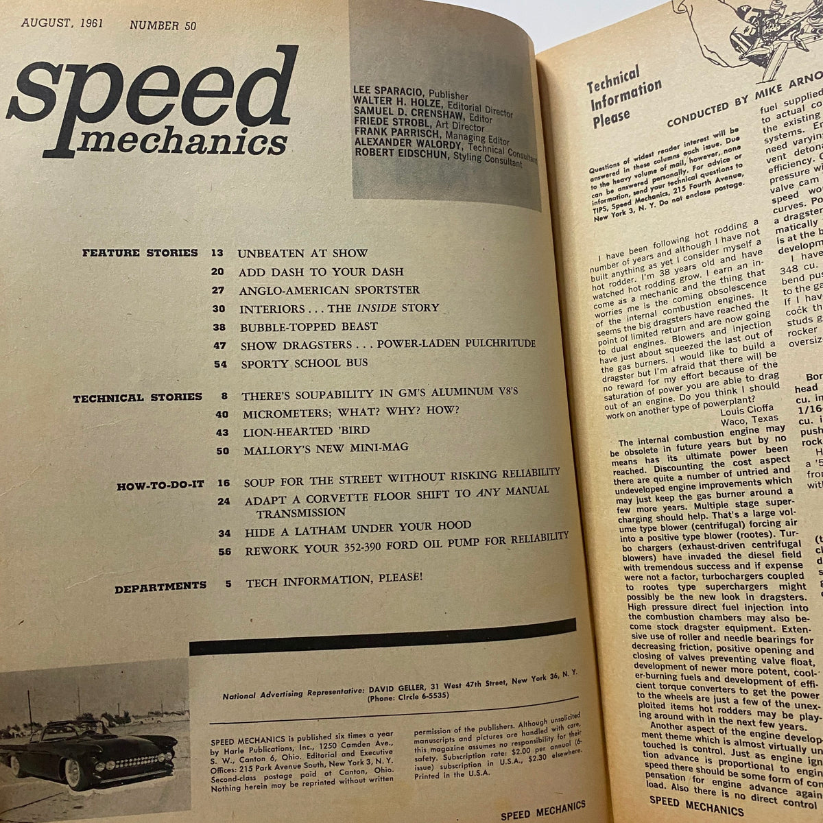 Inside page of VTG Speed Mechanics Magazine August 1961 showing feature stories and technical articles related to enhancing vehicle performance.