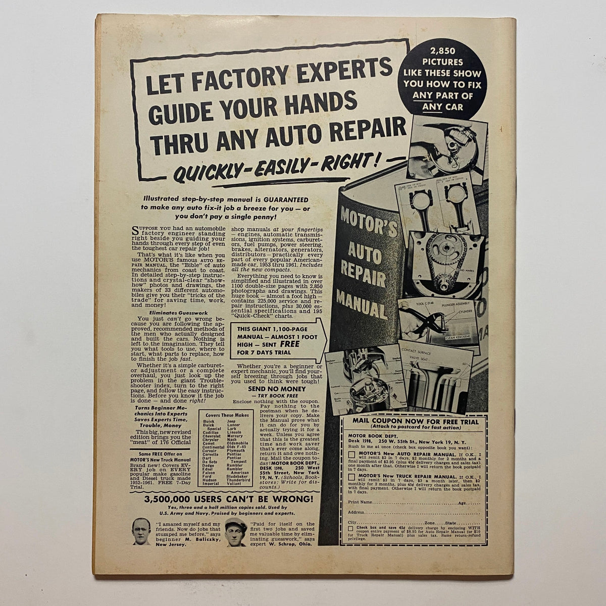 Back cover of VTG Speed Mechanics Magazine August 1961 featuring a vintage advertisement for Motor's Auto Repair Manual.