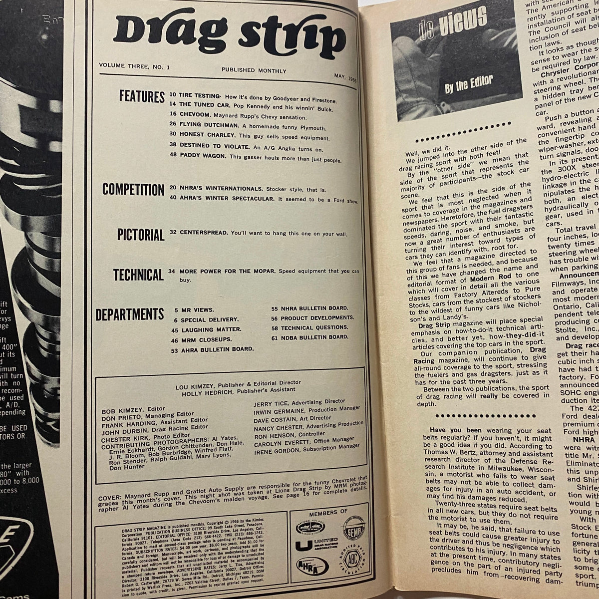 Interior layout of VTG Drag Strip Magazine May 1966, detailing features and departments, with an overview of drag racing topics.