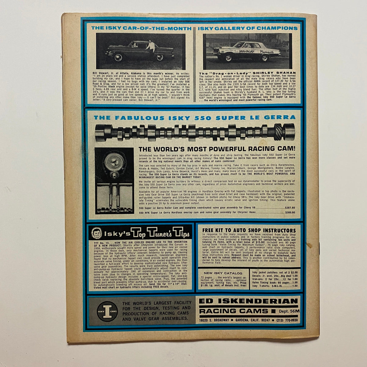 Back cover of VTG Drag Strip Magazine May 1966 featuring Isky racing cam advertisements and tips for automotive tuning.