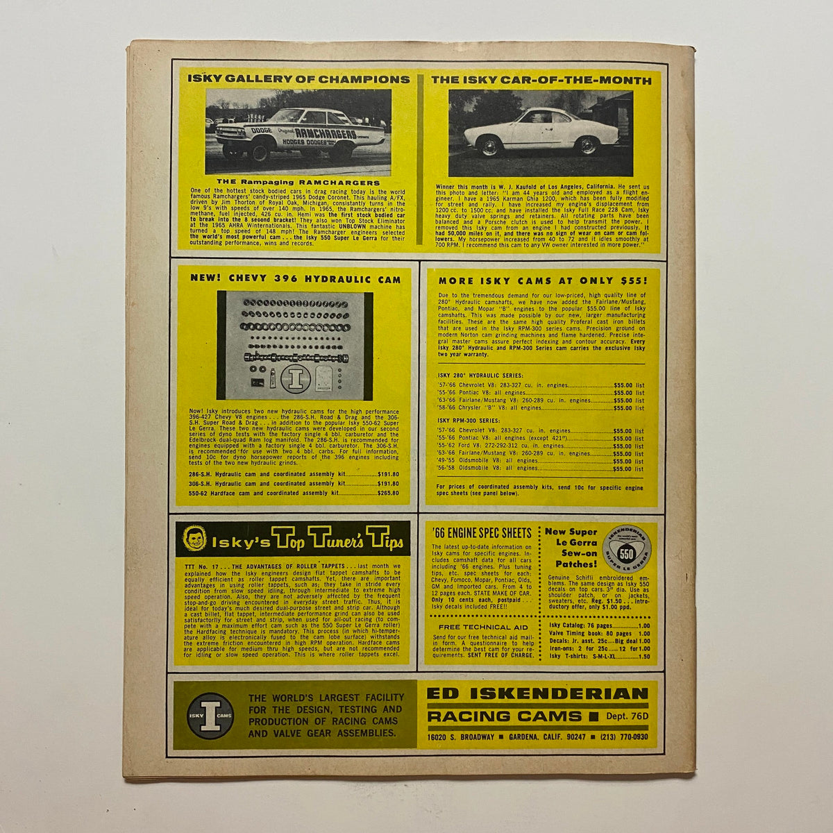 Back cover of VTG Drag Strip Magazine July 1966 with advertisements for racing products and Isky engine parts.