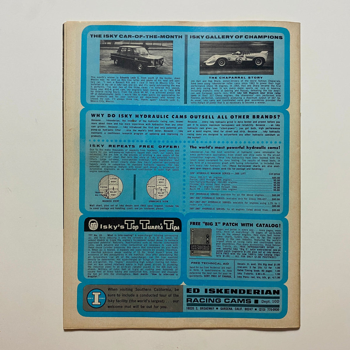 Back cover of VTG Drag Strip Magazine October 1966 featuring promotional content for Isky racing cams and technical tips for automotive enthusiasts.