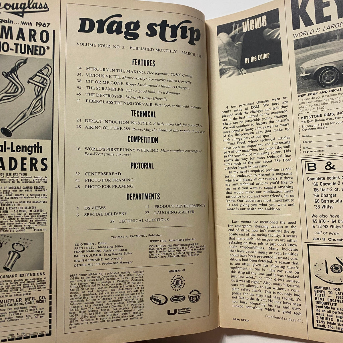 Interior page of VTG Drag Strip Magazine March 1967 featuring features and articles on automotive trends and a blown Corvair.