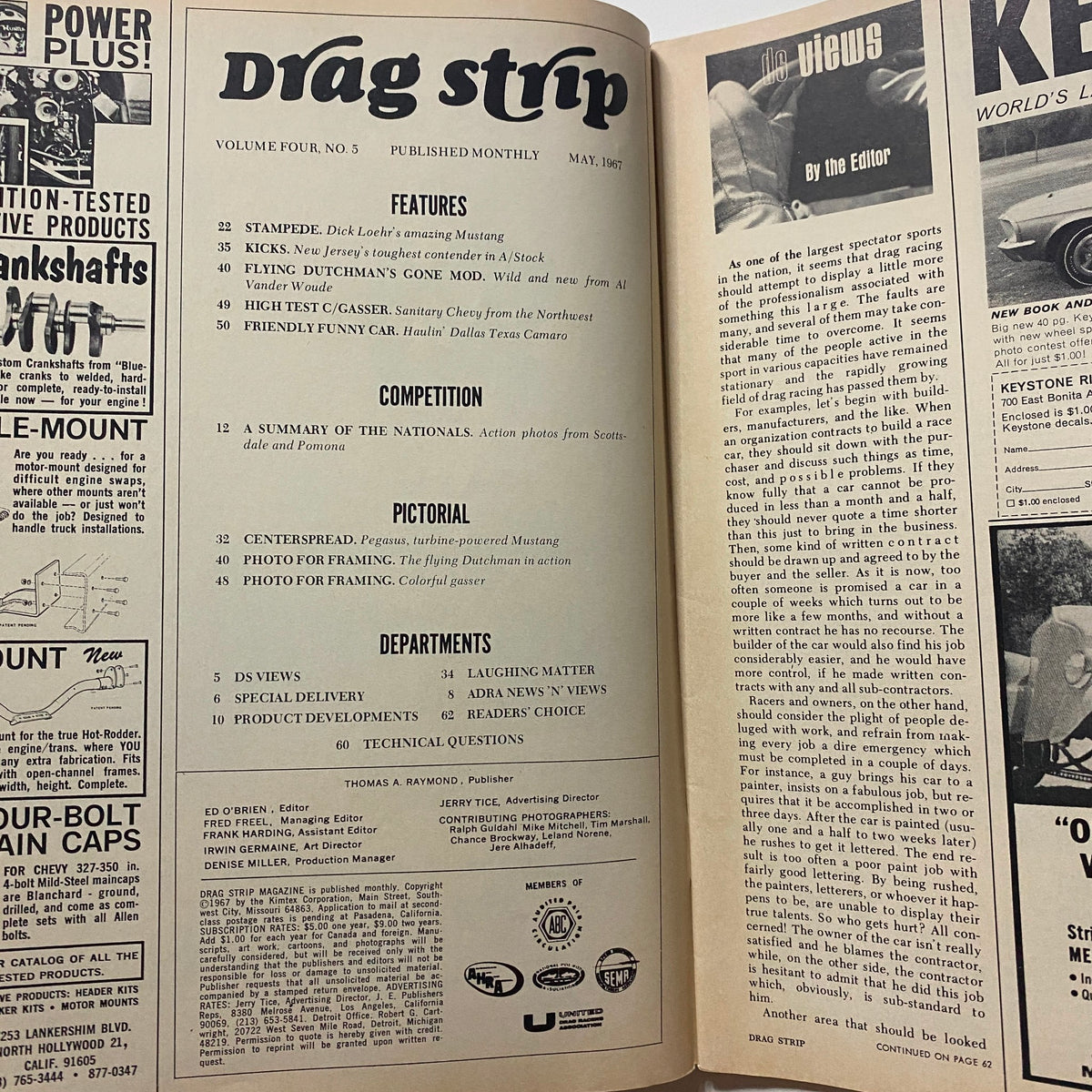 Inside page of VTG Drag Strip Magazine May 1967 showing the table of contents with features on drag racing topics including The Flying Dutchman's New Look.