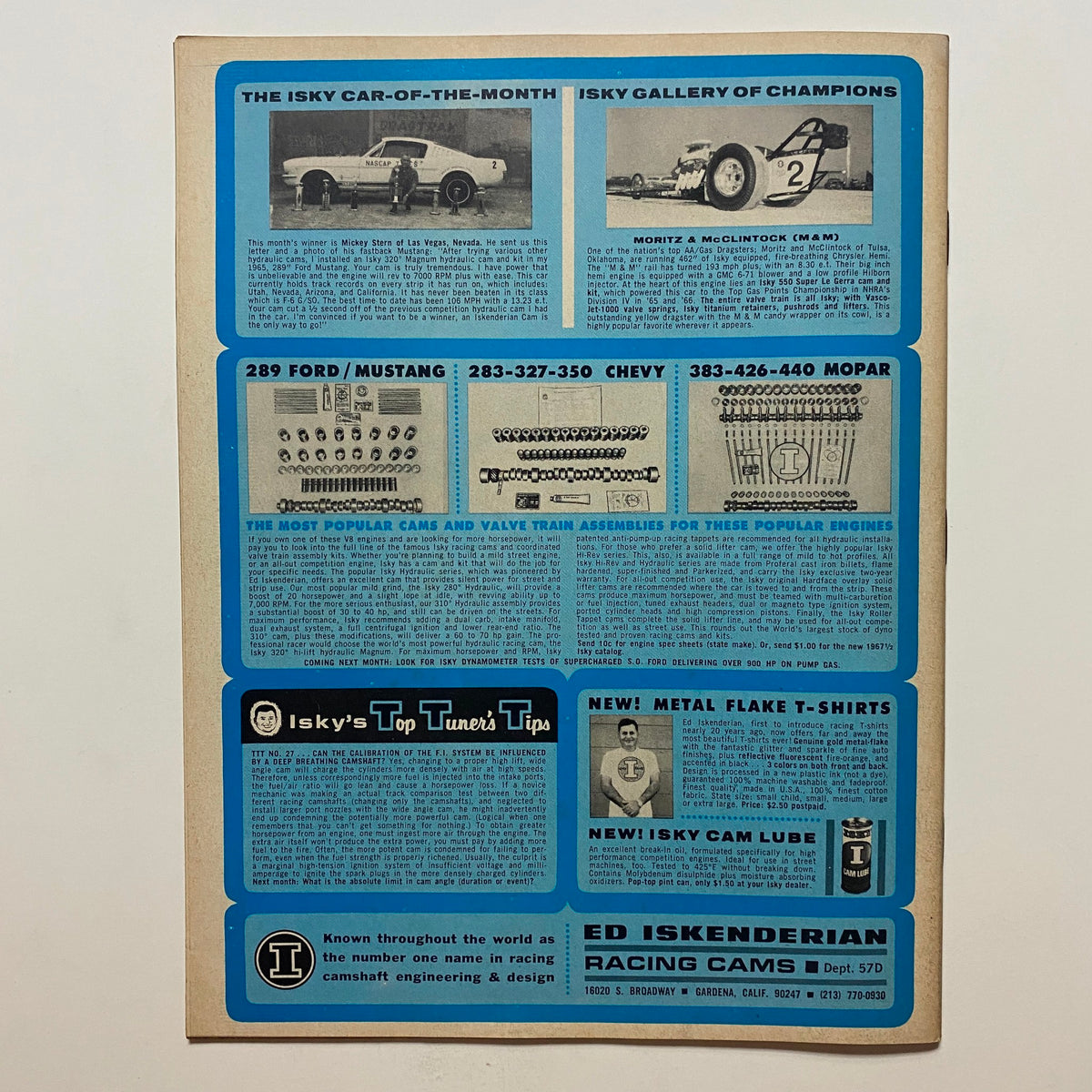 Back cover of VTG Drag Strip Magazine May 1967 featuring advertisements related to racing parts and accessories, highlighting Isky's Top Tuner Tips.
