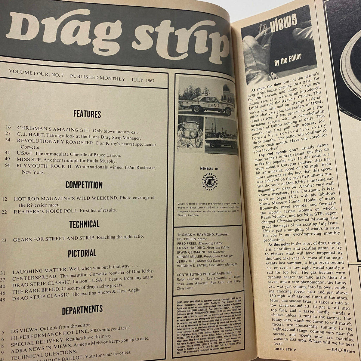 Interior page of VTG Drag Strip Magazine July 1967, highlighting features and articles on drag racing, including Chrisman's Amazing G.T.O. and other notable cars.