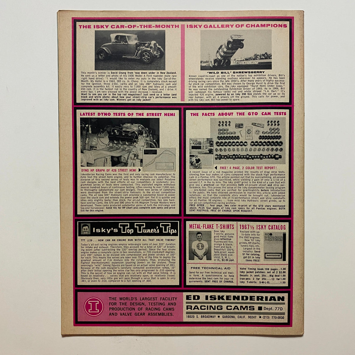 Back cover of VTG Drag Strip Magazine July 1967 featuring Isky's racing tips and advertisements for automotive products related to drag racing.