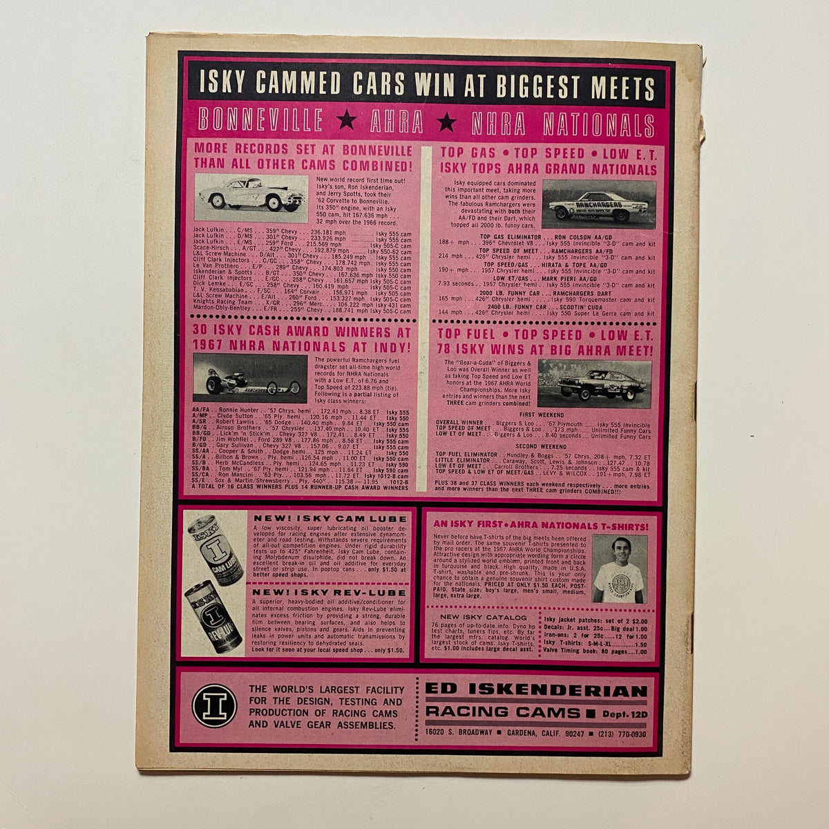 Back cover of VTG Drag Strip Magazine December 1967 featuring advertisements for Isky Cammed Cars, showcasing their top speeds and awards won at major racing events, emphasizing the magazine's focus on Ford's Cammer engine.