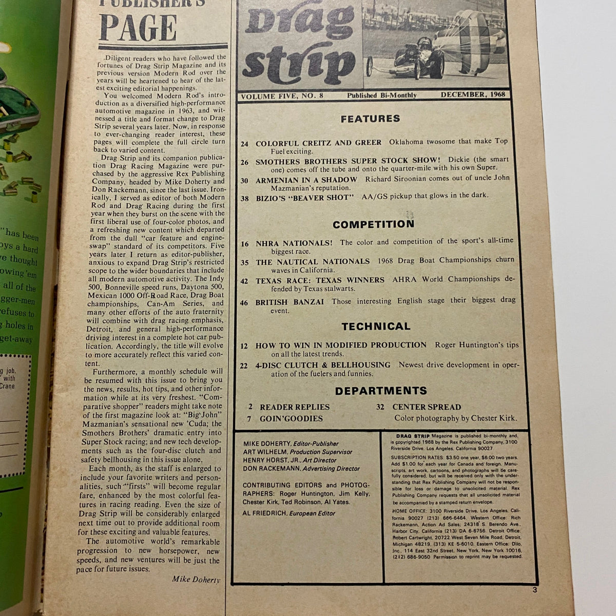 Inside page of the VTG Drag Strip Magazine December 1968 displaying features and articles related to drag racing, including technical tips and competition highlights.