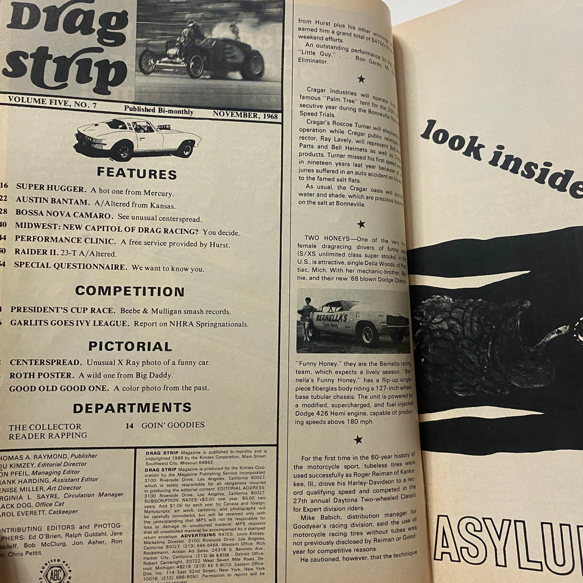 Inside pages of VTG Drag Strip Magazine November 1968 showcasing features and competition details, emphasizing the drag racing culture of the time.