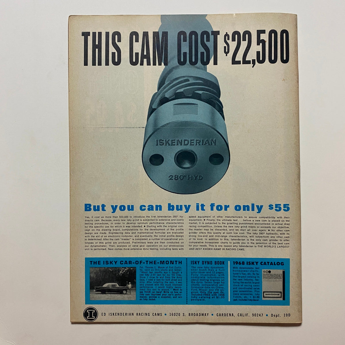 Back page advertisement from VTG Drag Strip Magazine November 1968 for Iskenderian racing cams, illustrating a high-performance camshaft with a promotional price.
