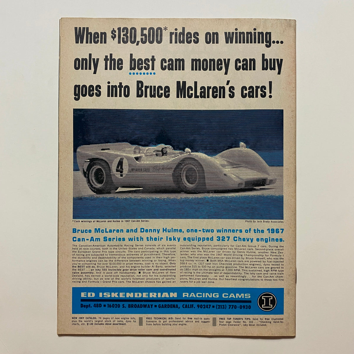 Back cover of VTG Drag Strip Magazine April 1968, featuring an advertisement related to Bruce McLaren's racing cars and Isky equipped engines, adding historical context to the magazine's content.
