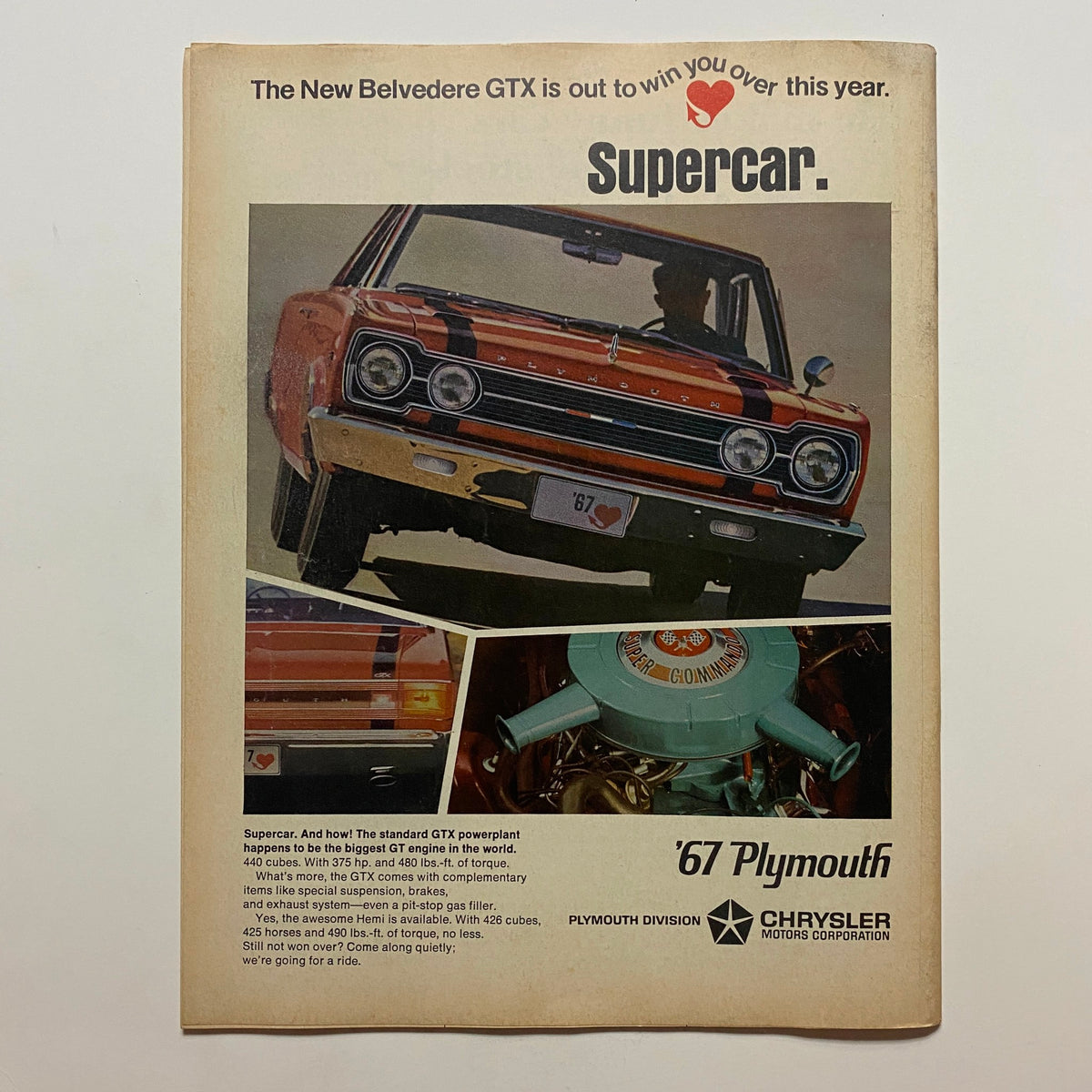 Back cover of VTG Drag Strip Magazine November 1966 advertising the 1967 Plymouth Belvedere GTX with images showcasing the car's features and engine options.
