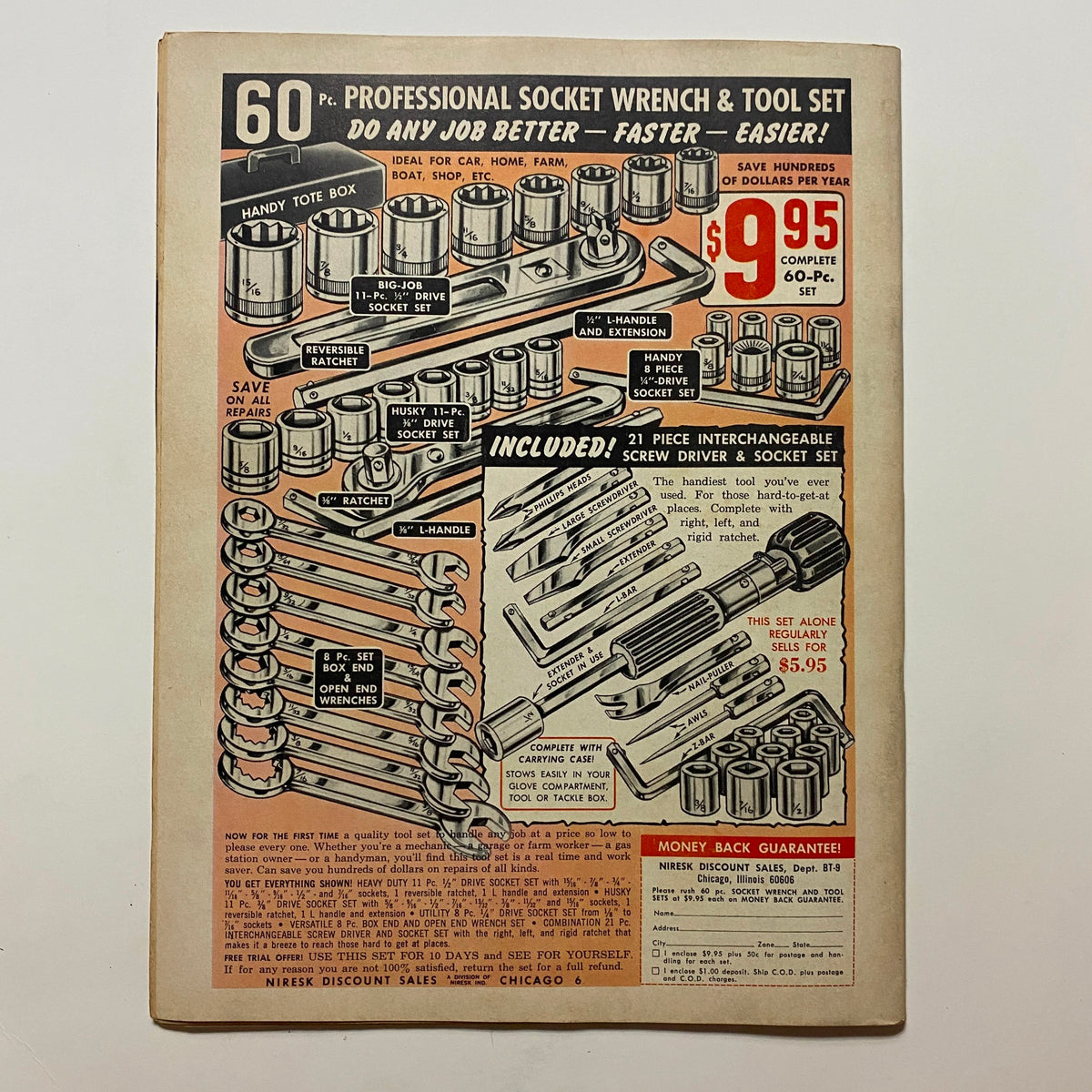 Ad page from VTG Street & Strip Magazine December 1965 promoting a 60-piece professional socket wrench and tool set, ideal for automotive repairs.