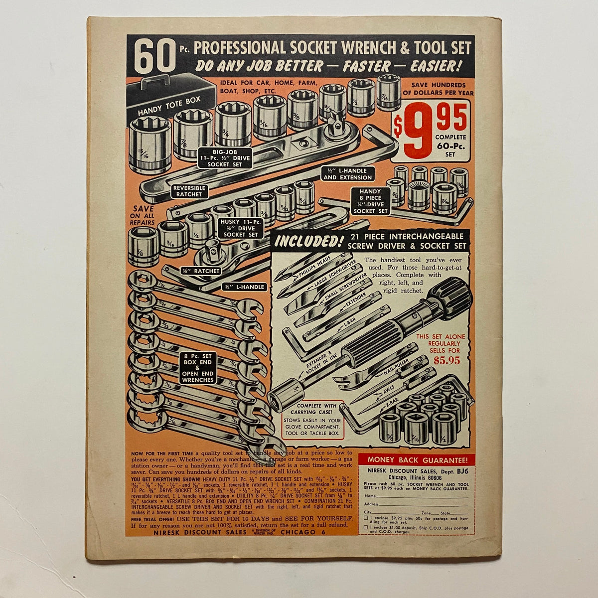 Promotional advertisement for a 60-piece professional socket wrench and tool set from the June 1966 issue of VTG Street & Strip Magazine, highlighting features and pricing.