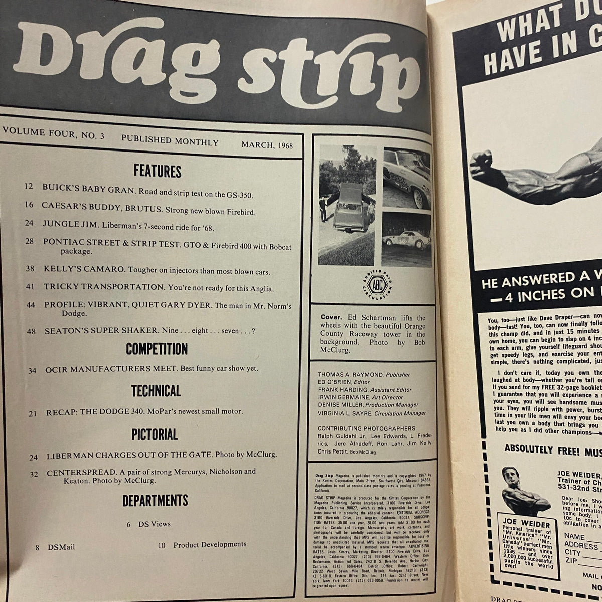 Inside page of the Vintage Drag Strip Magazine March 1968 showcasing features on Buick's GS-350, Camaro, and Pontiac's GTO.