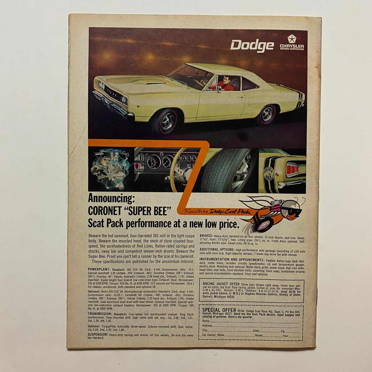 Vintage Drag Strip Magazine March 1968 featuring a Dodge advertisement for the Coronet 'Super Bee' with performance details and specifications.