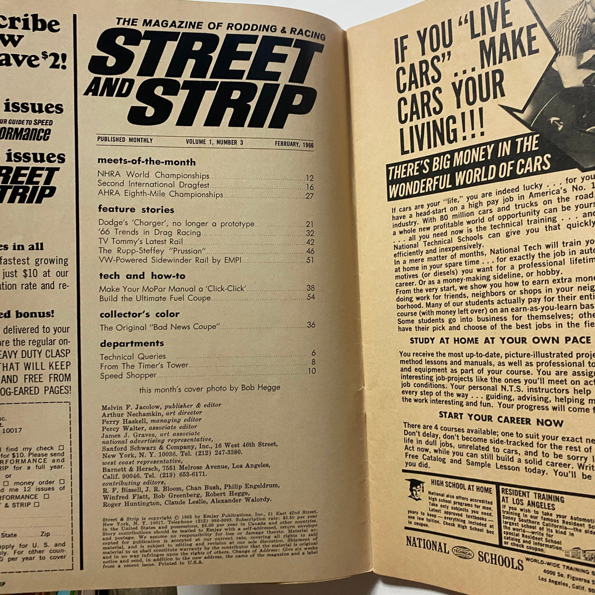 Inside page of VTG Street & Strip Magazine February 1966 featuring articles and content listing relevant to automotive topics and drag racing stories.