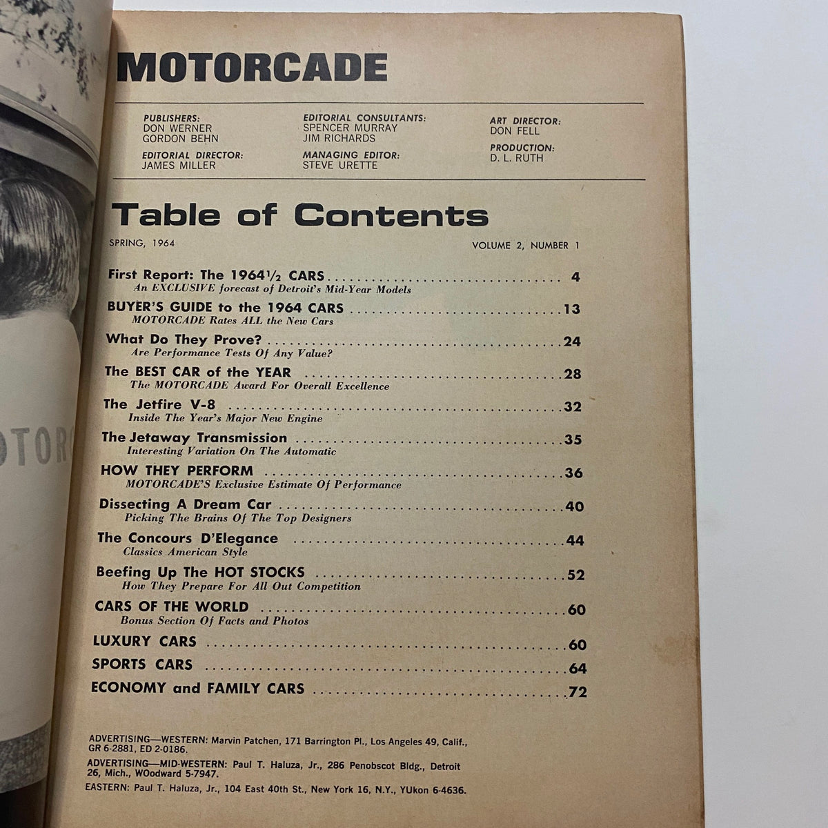 Table of Contents from VTG Motorcade Magazine Spring 1964, outlining features on new cars, performance tests, and insights into Detroit's automotive trends.